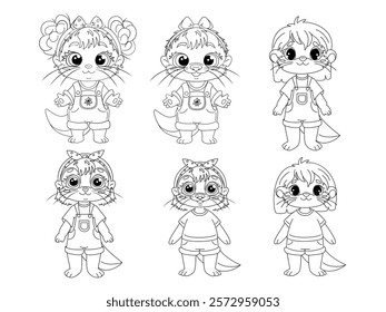 Set of otter girl drawings, otter baby outline coloring page or animal book for kindergarten, vector line art set of wildlife animals, hand drawn, minimal otter baby  line art doodle.