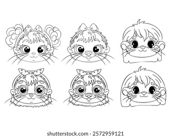 Set of otter girl drawings, otter baby outline coloring page or animal book for kindergarten, vector line art set of wildlife animals, hand drawn, minimal otter baby line art doodle.