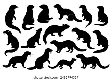 Conjunto de diseño de silueta de nutria con fondo blanco y Ilustración vectorial