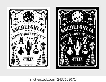 Set of Ouija board monoline badge, with black and white color. Occultism Set. Vector Illustration.