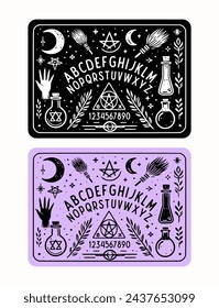 Conjunto de placa Ouija monoline insignia, con color negro y púrpura. Conjunto de ocultismo. Ilustración vectorial.