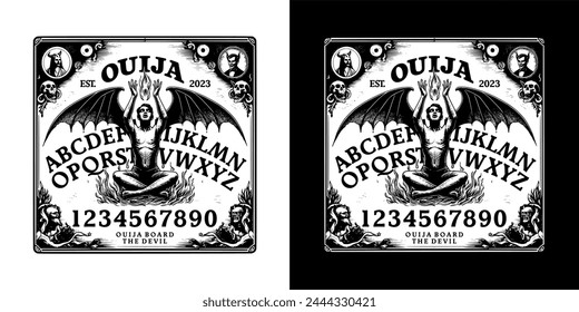 Set von Ouija Pentagram Opslagstavle. Zahlen und Alphabet. Satanischer Teufel ist tot. Retro Poster Design. Vektorillustration.
