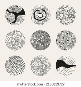Set of ound modern minimal logo with organic shapes with dynamic waves and lines. Vector emblem for cosmetics, beauty industry. Hand drawn templates. Highlights cover icons. 
