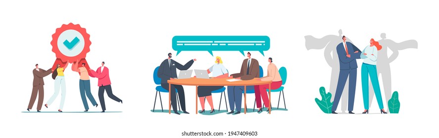 Set Our Team. Joyful Business People with Award, Managers Super Heroes Perfect Teamworking Group. Businessmen and Businesswomen Characters Office Employees Meeting. Cartoon People Vector Illustration