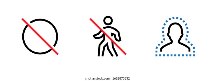 Set of Out Ban, Do Not Walk and Self Isolation icons. Editable line vector. Circle and silhouette of a man crossed out by red line, contour of the bust is limited by a dashed curve. Group pictogram.