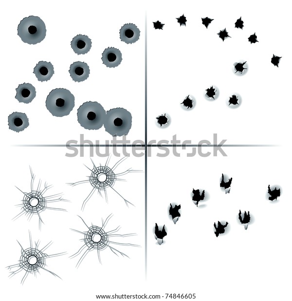 Set of In and Out Bullet\
Holes at Colored Metal, Paper, Glass and Fabric. Vector\
Illustration