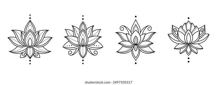 Set of out lines decorative lotus flower symbols. Elements of patterns for laser and plotter cutting, embossing, engraving, printing on clothing.