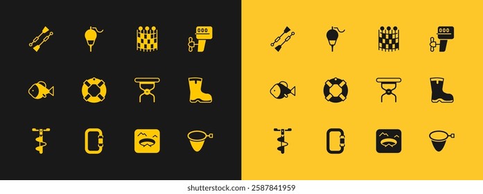 Set Outboard boat motor, Carabiner, Camping folding chair, Winter fishing, Lifebuoy, Fishing net pattern, Oars paddles and float icon. Vector