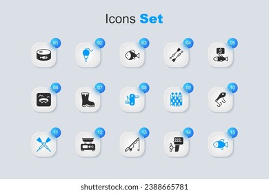 Set Outboard boat motor, Fishing boots, float, Crossed oars paddles, lure, Canned fish and Swiss army knife icon. Vector