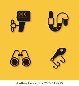 Set Outboard boat motor, Fishing lure, Binoculars and Worm icon with long shadow. Vector