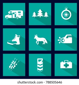Set of outdoor activity icons, including: rv, fir-trees, compass, boot, coyote, lantern, kebab, sleeping bag and  first aid kit.