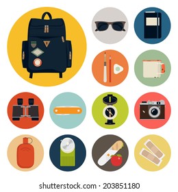 Set of outdoor adventure backpack content and items | Exploring vector set