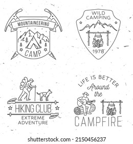 Set of Outdoor adventure badge. Vector. Vintage line art design with camping tent, hiker, dog and hiking stick, campfire, camper tent, pot on the fire, axe and mountain.