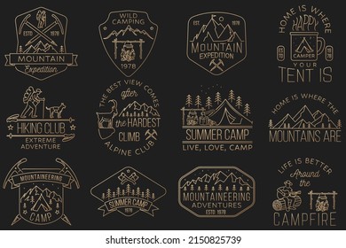 Set of Outdoor adventure badge. Vector. Vintage line art design with camping tent, hiker, dog and mountain. Outdoors adventure emblem.