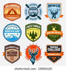 Set of outdoor adventure badges and hunting logo emblems