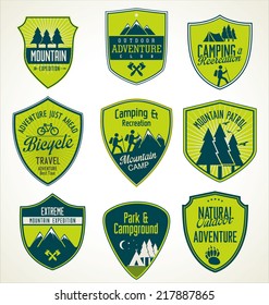 Set of outdoor adventure blue and green retro badges