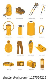 Set of outdoor adventure equipment, survival kit, camping stuff.