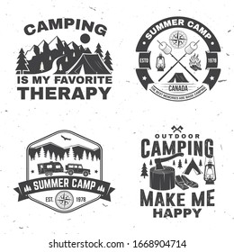 Set of outdoor adventure inspirational quote. Vector illustration. Concept for shirt, logo, print, stamp or tee. Vintage typography design with camper tent, mountain, forest landscape silhouette.