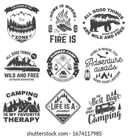 Set of outdoor adventure inspirational quote. Vector illustration. Concept for shirt, logo, print, stamp or tee. Vintage typography design with camper tent, bear, mountain, forest landscape silhouette