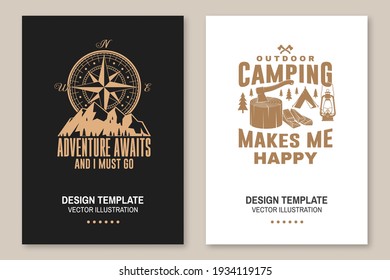 Set of outdoor adventure inspirational quote flyer, brochure, banner, poster. Vector illustration. Typography design with camper tent, mountain, forest landscape silhouette.