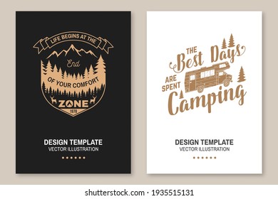 Set of outdoor adventure inspirational quote. Vector Concept for shirt, logo, print, stamp or tee. Vintage typography design with camper tent, camper van, mountain, forest landscape silhouette