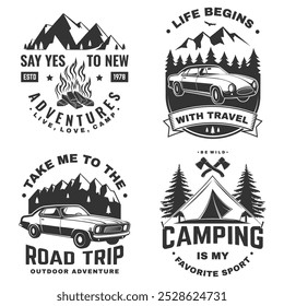 Set of outdoor adventure logo, print, stamp or tee. Vintage typography design with retro car, campfire and mountain silhouette. Camping quote.