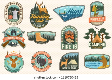 Set of outdoor adventure quotes and Hunting club patches. Vector. Concept for shirt, logo, print, stamp, patch. Patch design with hiking boots, mountains, fishing bear, deer, tent, hunter silhouette