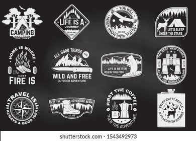 Set of outdoor adventure quotes on the chalkboard. Vector. Concept for shirt or logo, print, stamp tee. Design with hiking boots, binoculars, mountains, fishing bear, deer, tent and forest silhouette