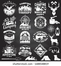 Set of outdoor adventure quotes on chalkboard. Vector. Concept for shirt or logo, print, stamp. Vintage design with hiking boots, camping tent, lantern, axe, mountains, bear, deer, forest silhouette