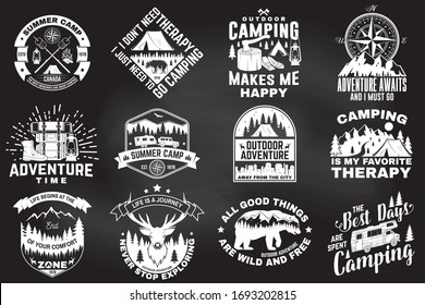 Set of outdoor adventure quotes on chalkboard. Vector. Concept for shirt or logo, print, stamp. Vintage design with hiking boots, camping tent, lantern, axe, mountains, bear, deer, forest silhouette