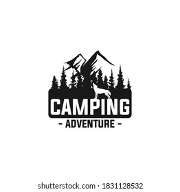 Set of outdoor adventure quotes on chalkboard. Vector. Concept for shirt or logo, print, stamp. camping tent, lantern, axe, mountains, bear, deer, forest silhouette