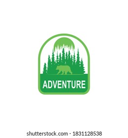 Set of outdoor adventure quotes on chalkboard. Vector. Concept for shirt or logo, print, stamp. camping tent, lantern, axe, mountains, bear, deer, forest silhouette