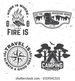 Set of outdoor adventure quotes symbol. Vector. Concept for shirt or logo, print, stamp or tee. Vintage design with hiking boots, camping tent, campfire, compass and forest silhouette.