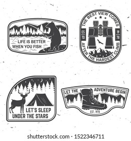 Set of outdoor adventure quotes symbol. Vector. Concept for shirt or logo, print, stamp or tee. Vintage design with hiking boots, binoculars, mountains, fishing bear, deer, tent and forest silhouette