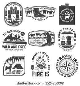Set of outdoor adventure quotes symbol. Vector. Concept for shirt or logo, print, stamp or tee. Vintage design with hiking boots, binoculars, mountains, fishing bear, deer, tent and forest silhouette