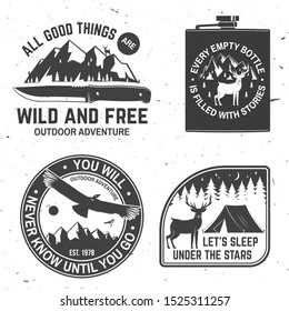 Set of outdoor adventure quotes symbol. Vector illustration. Concept for shirt or logo, print, stamp or tee. Vintage design with knife, mountains, deer, condor, tent and forest silhouette