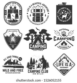 Set of outdoor adventure quotes symbol. Vector. Concept for shirt or logo, print, stamp or tee. Vintage design with backpack, binoculars, mountains, bear, deer, tent, lantern and forest silhouette
