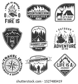 Set of outdoor adventure quotes symbol. Vector. Concept for shirt or logo, print, stamp. Vintage design with mountains, compass, rv trailer, camping tent, campfire, bear, tent and forest silhouette