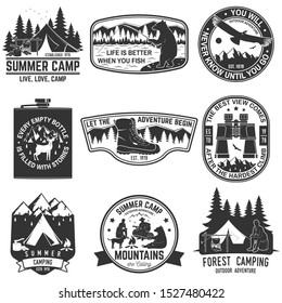 Set of outdoor adventure quotes symbol. Vector Concept for shirt or logo, print, stamp or tee. Vintage design with hiking boots, fishing bear, mountains, binoculars, condor, tent and forest silhouette
