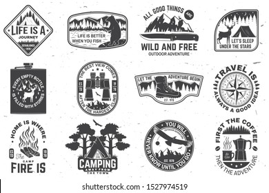 Set of outdoor adventure quotes symbol. Vector. Concept for shirt or logo, print, stamp or tee. Vintage design with hiking boots, binoculars, mountains, fishing bear, deer, tent and forest silhouette