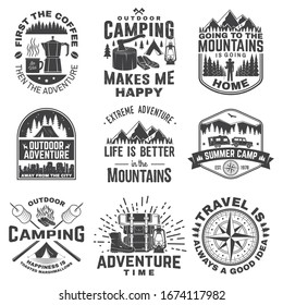 Set of outdoor adventure quotes symbol. Vector. Concept for shirt or logo, print, stamp or tee. Vintage design with backpack, binoculars, mountains, bear, deer, tent, lantern and forest silhouette