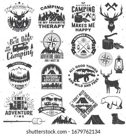 Set of outdoor adventure quotes symbol. Vector. Concept for shirt or logo, print, stamp or tee. Vintage design with hiking boots, camping tent, lantern, axe, mountains, bear, deer, forest silhouette