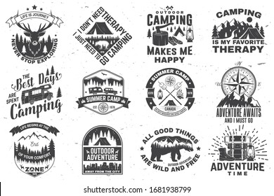 Set of outdoor adventure quotes symbol. Vector. Concept for shirt or logo, print, stamp or tee. Vintage design with hiking boots, camping tent, lantern, axe, mountains, bear, deer, forest silhouette