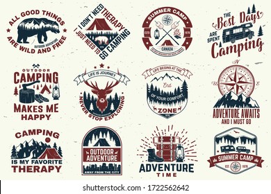 Set of outdoor adventure quotes symbol. Vector. Concept for shirt or logo, print, stamp or tee. Vintage design with hiking boots, camping tent, lantern, axe, mountains, bear, deer, forest silhouette