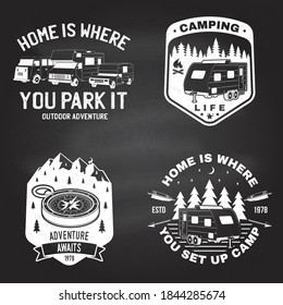 Set of outdoor adventure quotes. Vector illustration. Concept for shirt or logo, print, stamp or tee. Vintage design with mountains, camping trailer, camper van and forest silhouette