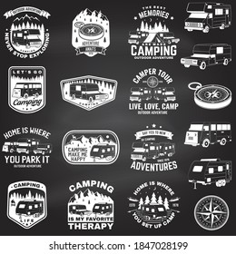Set of outdoor adventure quotes. Vector illustration. Concept for shirt or logo, print, stamp or tee. Vintage design with mountains, camping trailer, camper van and forest silhouette