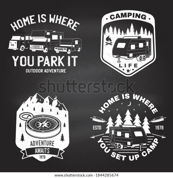 Set of\
outdoor adventure quotes. Vector illustration. Concept for shirt or\
logo, print, stamp or tee. Vintage design with mountains, camping\
trailer, camper van and forest\
silhouette