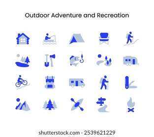 Set of Outdoor Adventure and Recreation Related Icons. Contains such icons as fishing, camping, hiking and more. Editable.