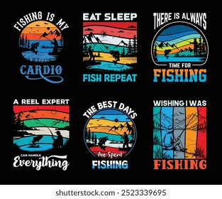 Set of outdoor adventure, retro vintage fishing t-shirt graphic, sunset background, Vector Silhouette,