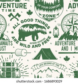 Set of outdoor adventure seamless pattern, background. Vector. Seamless camping pattern with hiking boots, camping tent, lantern, axe, mountains, bear, deer, forest silhouette. Camping texture